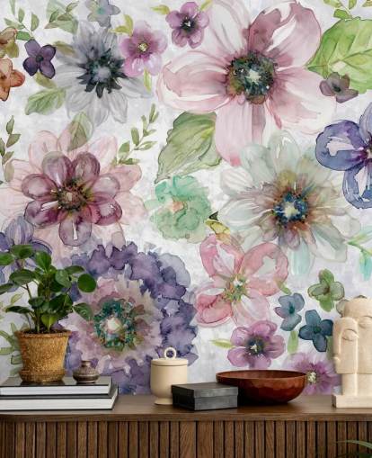 Paarse en roze bloemen behang