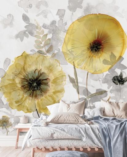 gold and grey custom floral wallpaper mural called Transparent Gold by Carol Robinson for dining rooms