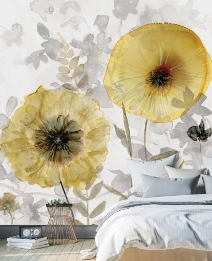 gold and gray custom floral wallpaper mural called Transparent Gold by Carol Robinson for dining rooms