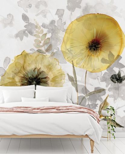 carta da parati murale floreale personalizzata in oro e grigio chiamata Transparent Gold di Carol Robinson per sale da pranzo carta da parati murale floreale personalizzata in oro e grigio chiamata Transparent Gold di Carol Robinson per sale da pranzo