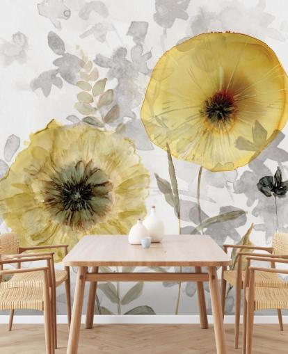 individuelles Blumentapetenwandbild aus Gold und Grau namens Transparent Gold von Carol Robinson für Esszimmer individuelles Blumentapetenwandbild aus Gold und Grau namens Transparent Gold von Carol Robinson für Esszimmer