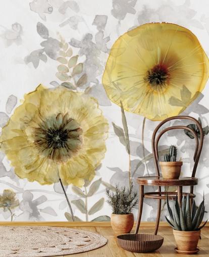 gold and gray custom floral wallpaper mural called Transparent Gold by Carol Robinson for dining rooms