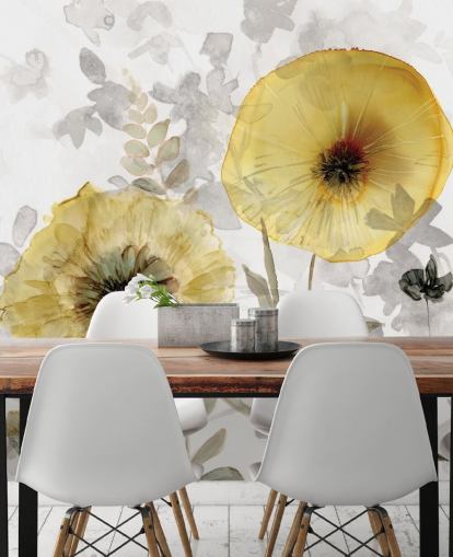 gull og grått tilpasset blomstertapet veggmaleri kalt Transparent Gold av Carol Robinson for spisestuer gull og grått tilpasset blomstertapet veggmaleri kalt Transparent Gold av Carol Robinson for spisestuer