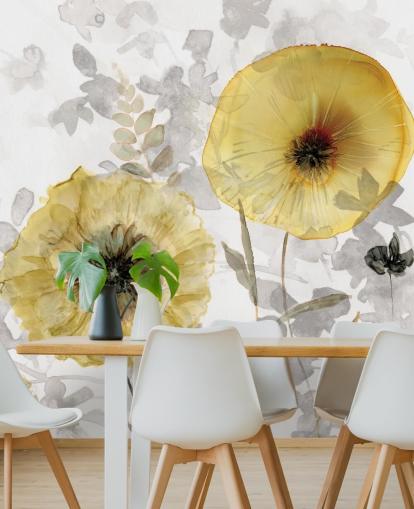 gold and grey custom floral wallpaper mural called Transparent Gold by Carol Robinson for dining rooms