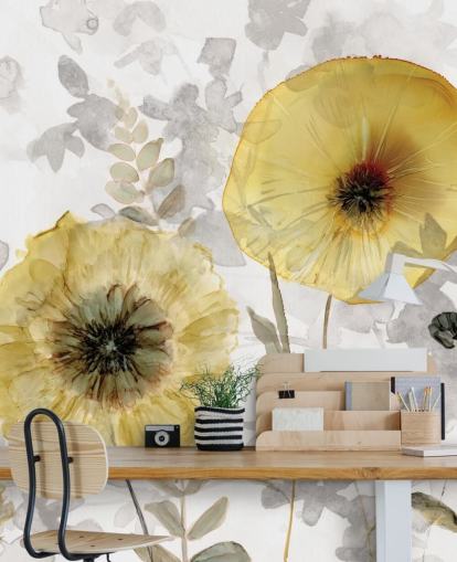 gouden en grijze op maat gemaakte bloemenbehangmuurschildering genaamd Transparent Gold van Carol Robinson voor eetkamers gouden en grijze op maat gemaakte bloemenbehangmuurschildering genaamd Transparent Gold van Carol Robinson voor eetkamers