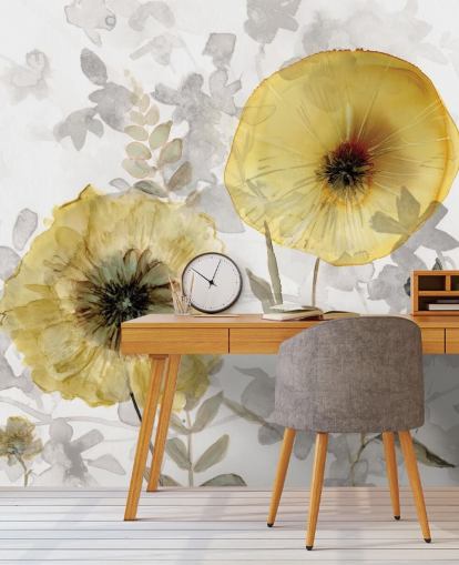 mural de papel pintado floral personalizado dorado y gris llamado Transparent Gold de Carol Robinson para comedores