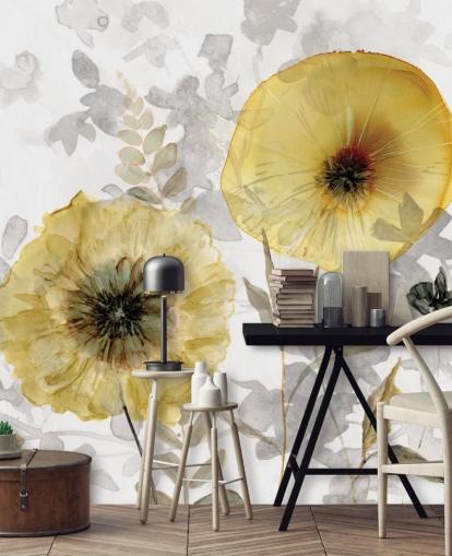 mural de papel pintado floral personalizado dorado y gris llamado Transparent Gold de Carol Robinson para comedores mural de papel pintado floral personalizado dorado y gris llamado Transparent Gold de Carol Robinson para comedores