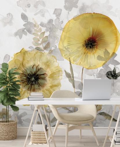 carta da parati murale floreale personalizzata in oro e grigio chiamata Transparent Gold di Carol Robinson per sale da pranzo