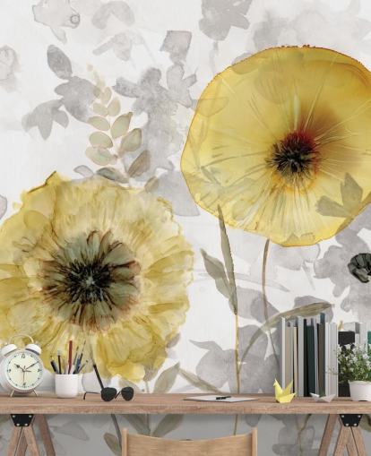 gold and grey custom floral wallpaper mural called Transparent Gold by Carol Robinson for dining rooms