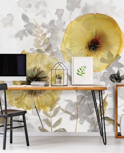 individuelles Blumentapetenwandbild aus Gold und Grau namens Transparent Gold von Carol Robinson für Esszimmer individuelles Blumentapetenwandbild aus Gold und Grau namens Transparent Gold von Carol Robinson für Esszimmer