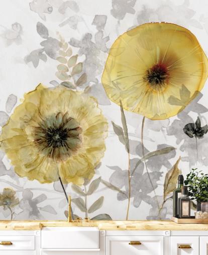 mural de papel pintado floral personalizado dorado y gris llamado Transparent Gold de Carol Robinson para comedores mural de papel pintado floral personalizado dorado y gris llamado Transparent Gold de Carol Robinson para comedores