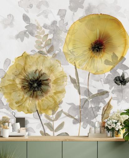 papier peint floral personnalisé doré et gris appelé Transparent Gold par Carol Robinson pour les salles à manger
