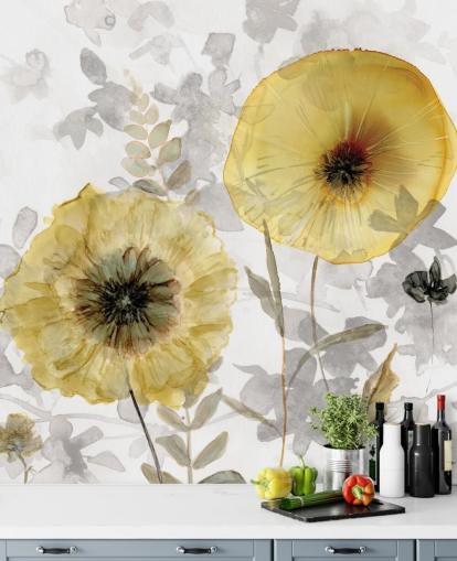 guld och grå anpassad blommig tapetväggmålning kallad Transparent Gold av Carol Robinson för matsalar