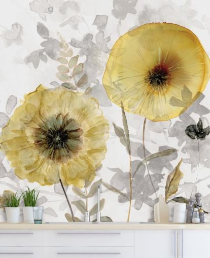 carta da parati murale floreale personalizzata in oro e grigio chiamata Transparent Gold di Carol Robinson per sale da pranzo