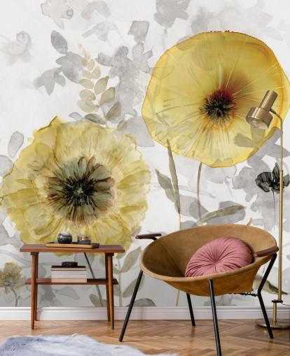 individuelles Blumentapetenwandbild aus Gold und Grau namens Transparent Gold von Carol Robinson für Esszimmer