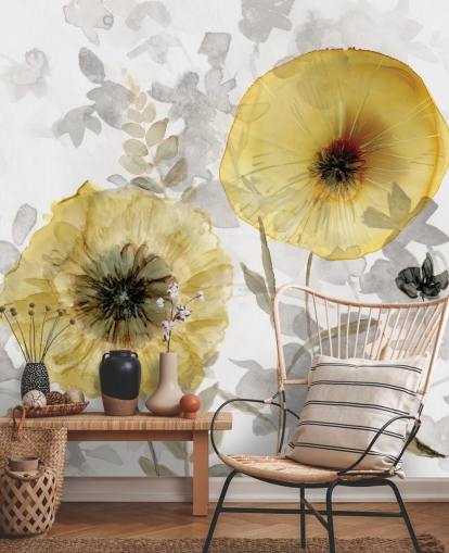 guld och grå anpassad blommig tapetväggmålning kallad Transparent Gold av Carol Robinson för matsalar