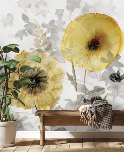 gouden en grijze op maat gemaakte bloemenbehangmuurschildering genaamd Transparent Gold van Carol Robinson voor eetkamers