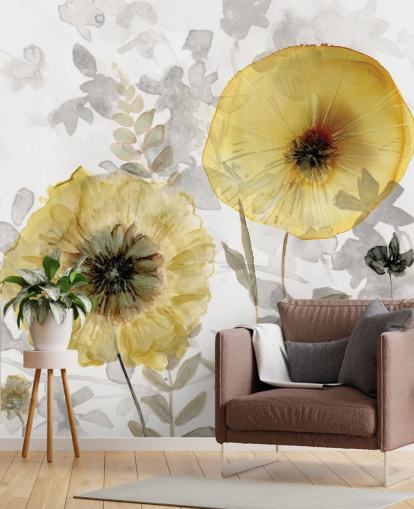 gold and grey custom floral wallpaper mural called Transparent Gold by Carol Robinson for dining rooms