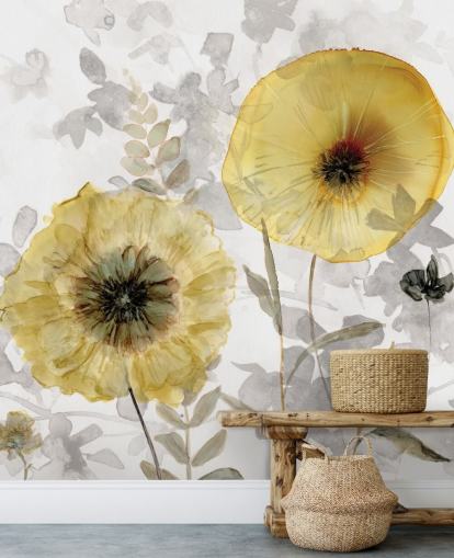papier peint floral personnalisé doré et gris appelé Transparent Gold par Carol Robinson pour les salles à manger