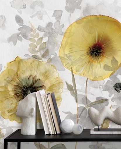 guld og grå brugerdefineret blomstertapet vægmaleri kaldet Transparent Gold af Carol Robinson til spisestuer