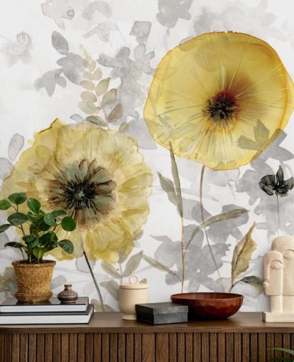 guld og grå brugerdefineret blomstertapet vægmaleri kaldet Transparent Gold af Carol Robinson til spisestuer guld og grå brugerdefineret blomstertapet vægmaleri kaldet Transparent Gold af Carol Robinson til spisestuer