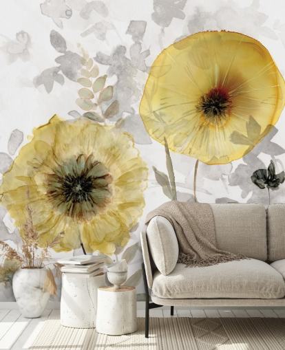 guld och grå anpassad blommig tapetväggmålning kallad Transparent Gold av Carol Robinson för matsalar