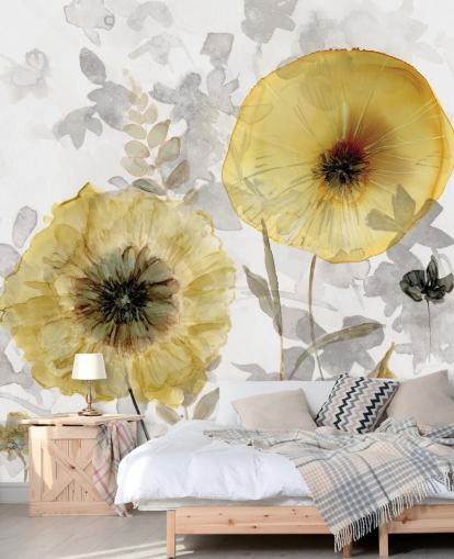 gold and gray custom floral wallpaper mural called Transparent Gold by Carol Robinson for dining rooms