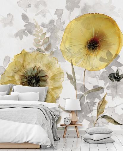 gull og grått tilpasset blomstertapet veggmaleri kalt Transparent Gold av Carol Robinson for spisestuer gull og grått tilpasset blomstertapet veggmaleri kalt Transparent Gold av Carol Robinson for spisestuer