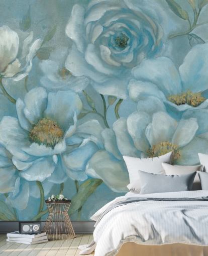Grote pastelblauwe bloemen muurschildering