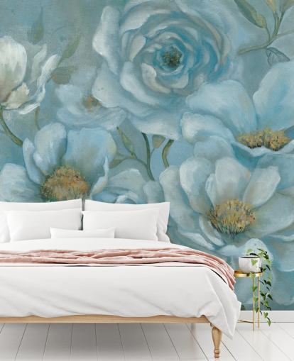 Large Pastel Blue Flowers Mural