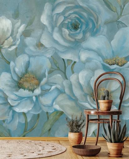 Décoration murale grandes fleurs bleu pastel