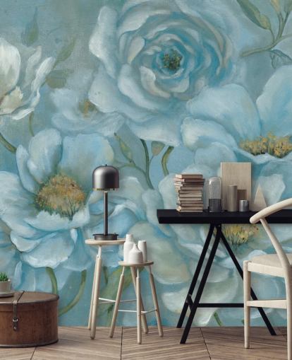 Large Pastel Blue Flowers Mural