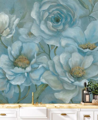 Décoration murale grandes fleurs bleu pastel