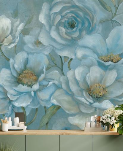 Large Pastel Blue Flowers Mural
