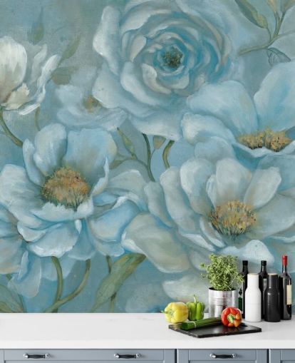 mural flores azules pastel
