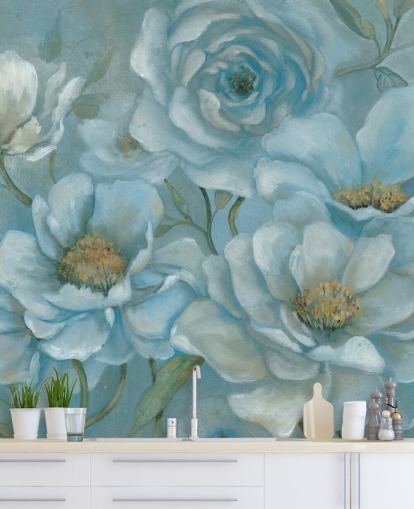 mural flores azules pastel