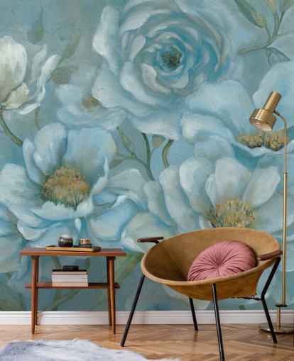 Large Pastel Blue Flowers Mural