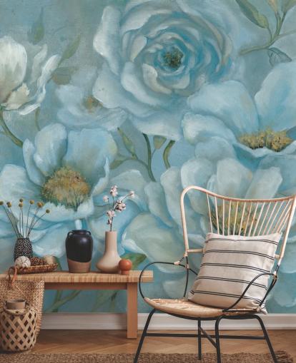 Décoration murale grandes fleurs bleu pastel