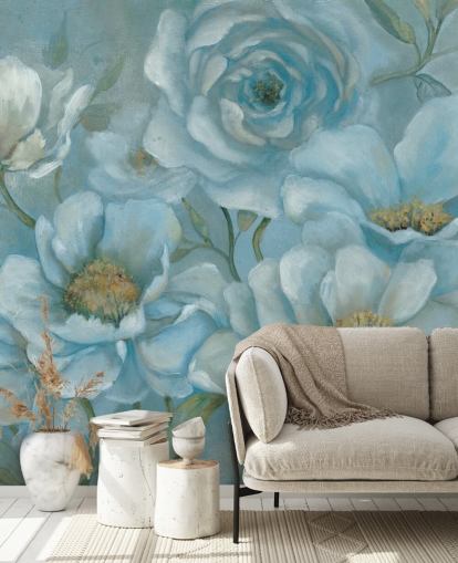 Grote pastelblauwe bloemen muurschildering Grote pastelblauwe bloemen muurschildering
