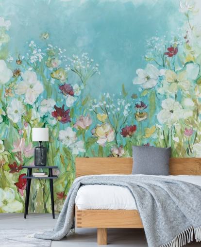 fargerikt tilpasset blomstertapet veggmaleri kalt Wildflowers and Lace av Carol Robinson for stuer