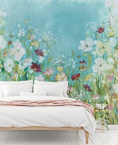 carta da parati murale colorata personalizzata con fiori chiamata Wildflowers and Lace di Carol Robinson per salotti