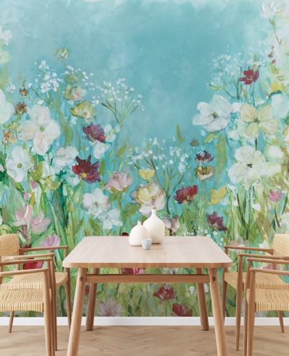 Buntes individuelles Blumentapeten-Wandbild mit dem Titel Wildflowers and Lace von Carol Robinson für Wohnzimmer