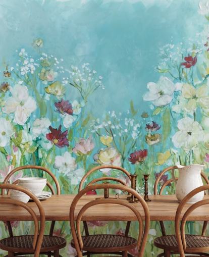 värikäs mukautettu kukkatapettiseinämaalaus nimeltä Wildflowers and Lace, kirjoittanut Carol Robinson olohuoneisiin