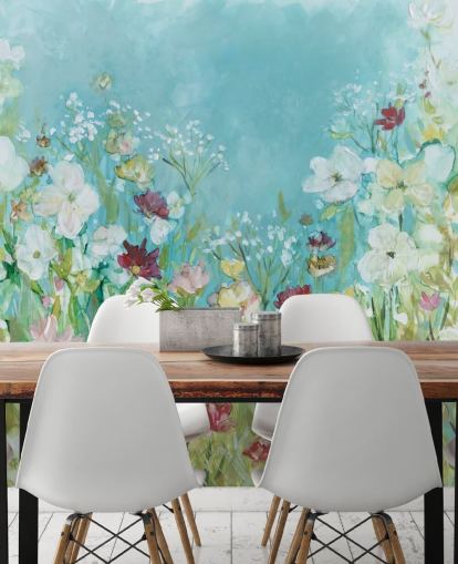kleurrijke bloemenbehangmuurschildering op maat genaamd Wildflowers and Lace van Carol Robinson voor woonkamers kleurrijke bloemenbehangmuurschildering op maat genaamd Wildflowers and Lace van Carol Robinson voor woonkamers