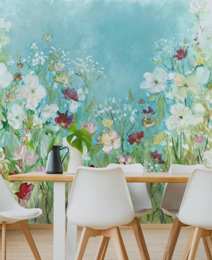 mural colorido de papel de parede de flores personalizado chamado Wildflowers and Lace de Carol Robinson para salas de estar