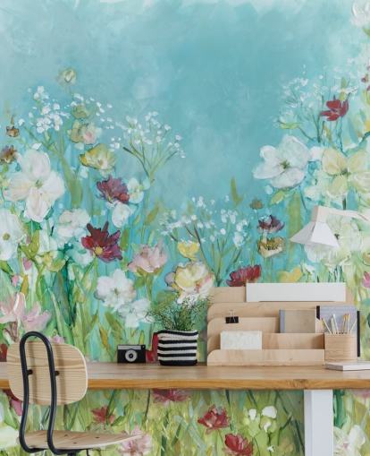 colorido mural de papel pintado de flores personalizado llamado Wildflowers and Lace de Carol Robinson para salas de estar