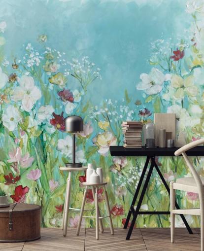 colourful custom flower wallpaper mural called Wildflowers and Lace by Carol Robinson for living rooms
