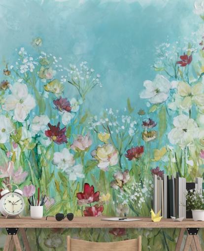colourful custom flower wallpaper mural called Wildflowers and Lace by Carol Robinson for living rooms