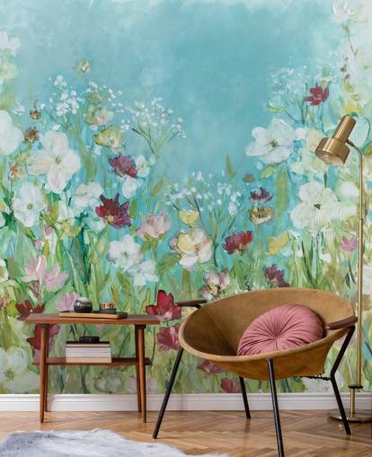 fargerikt tilpasset blomstertapet veggmaleri kalt Wildflowers and Lace av Carol Robinson for stuer