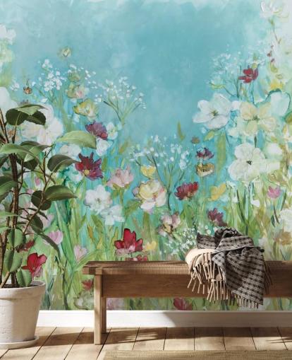 fargerikt tilpasset blomstertapet veggmaleri kalt Wildflowers and Lace av Carol Robinson for stuer